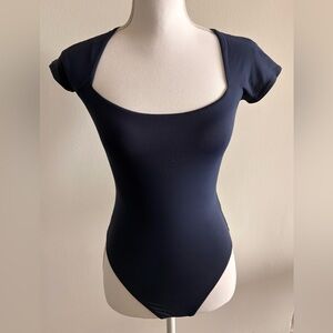 Babaton Navy Square-Neck Cap Sleeve Bodysuit